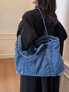Vintage washed blue denim tote bag for women with large capacity and casual shoulder strap