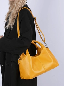 Retro yellow large capacity tote bag with lychee texture and adjustable shoulder strap