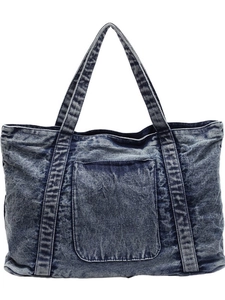Vintage blue washed denim tote bag with large capacity and front pocket for women