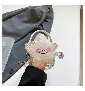 Macro detail of star-shaped mini bag in cream white with lychee texture and smiley face