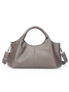 Retro taupe pebbled leather handbag with woven handle and adjustable crossbody strap