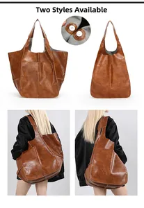 Brown convertible tote bag detail showing magnetic buckle and two different wearing shapes