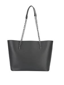 Minimalist black leather tote bag with silver metal chain and large capacity for women