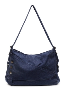 Minimalist large capacity dark blue denim tote bag with stylish rivet details and long strap
