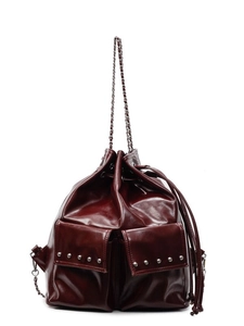 Fashionable burgundy waterproof rivet bucket bag with chain strap and drawstring closure