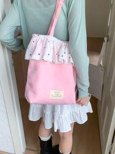 Vintage Gepunktete Rüschen Leinwand Tote Bag Damen Große Kapazität Süße Blumen Spitze Umhängetasche Lässige Handtasche
