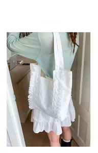 Detail shot of white canvas tote bag featuring delicate lace ruffles and double straps