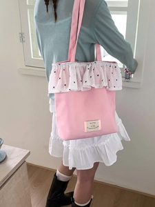 Rosa Canvas-Schultertasche mit gepunkteten Rüschen und großer Kapazität für den Alltag