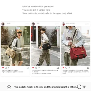 Three colors of large capacity canvas messenger bags with adjustable straps and side pockets