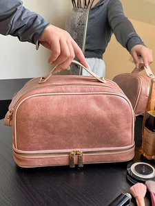 Pink vintage PU leather large capacity makeup bag with double zippers and top handle