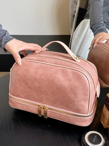 Retro large capacity dusty pink double layer makeup bag with handle and gold zippers