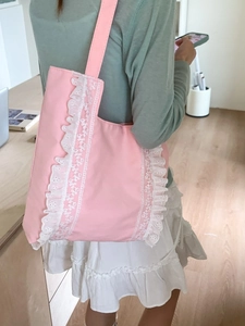 Women Sweet Lace Ruffle Canvas Tote Bag Large Capacity Shoulder Bag For Daily Commuting Girlish Simple Pleated Handbag