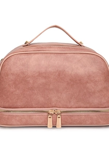 Retro dusty pink large capacity travel toiletry bag with double zippers and handle