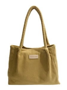 Mustard yellow corduroy tote bag with vintage texture and top handles for women