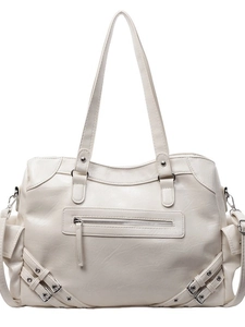 Large cream faux leather tote bag with functional zippers and silver buckle details