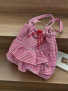 Fashionable red gingham canvas tote bag with layered ruffles and drawstring closure