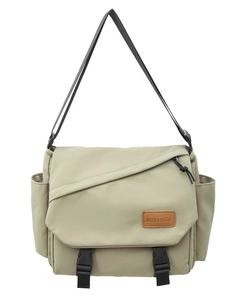 Minimalist khaki messenger bag with adjustable strap and dual buckle closures