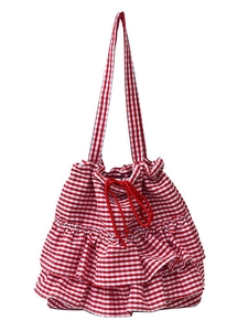 Red and white gingham canvas tote bag with drawstring closure and layered ruffle details