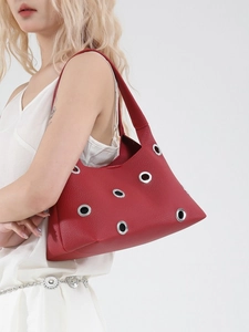 Dark red lychee texture leather underarm bag with silver oversized metal rivets decoration