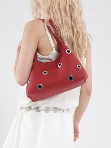 Dark red underarm bag with silver rivet eyelets and textured leather for women