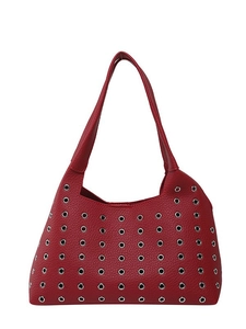Red lychee leather hobo shoulder bag with silver rivet hollow-out design for women