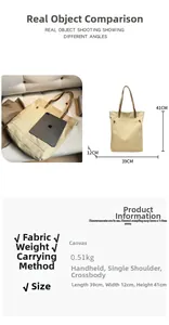 Detailed size chart for vintage canvas tote bag with 39x12x41cm dimensions and weight info