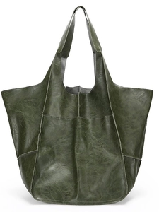 Retro olive green large capacity faux leather tote bag with soft vintage texture and wide straps