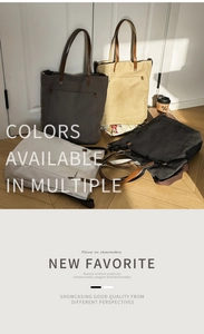 Detail showing high-capacity canvas tote bags in four neutral colors with leather handles