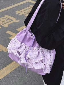 Bolso tote lavanda con flores y volantes para mujer con estilo pastoral y correas de lona