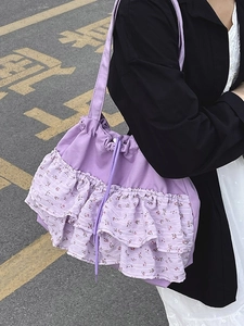 Bolso de hombro con volantes florales en gasa púrpura, gran capacidad y cordón ajustable