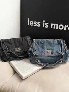 Damen Vintage Gewaschen Denim Kette Schultertasche Retro Nieten Umhängetasche Mit Metall Drehverschluss Lässiger Großer Shopper