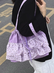 Bolso tote con volantes florales en lona morada para mujer, bolso de hombro versátil diario