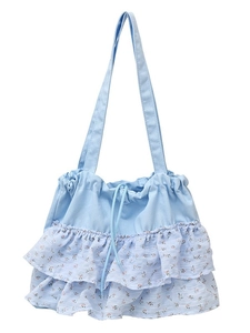 Bolso tote azul claro con volantes florales y cordón ajustable de estilo pastoral