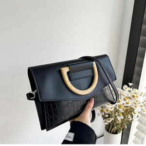 Detail view of black crocodile pattern leather bag with yellow resin handle and shoulder strap