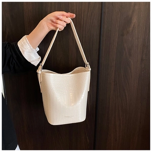 Detailed view of beige crocodile pattern bucket bag with fashion silver metal buckles