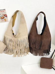 Boheems Imitatiesuède Franjes Schoudertas Vintage Tassel Tote Tas Met Ritszakje Grote Capaciteit Crossbody Tas Voor Dames
