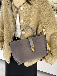 Grey vintage matte tote bag for women with gold clasp and smooth leather handles