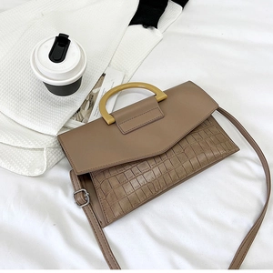 Detail showing crocodile-embossed faux leather texture and round resin handle on handbag
