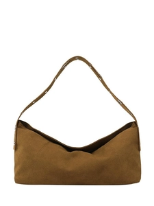 Vintage brown suede croissant bag with metal grommet strap in minimalist retro style