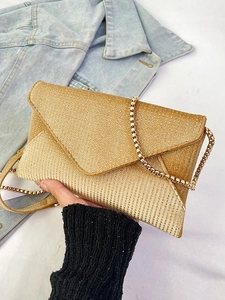 Sparkling champagne gold rhinestone envelope clutch bag with golden chain strap for women