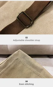 Detail view of the adjustable woven shoulder strap and fine stitching on canvas tote bag