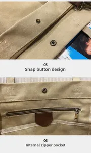 Detail of khaki canvas tote showing snap button closure and internal zipper pocket