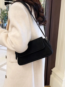 Classic black frosted baguette bag with long rectangle flap design for women