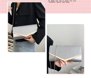 Silver glitter evening clutch featuring a gold V-shaped metal trim and chain strap