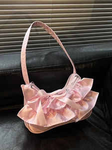 Women Satin Ruffle Shoulder Bag Sweet Bow Underarm Bag Hobo Bag Solid Color Casual Party Fashion Purse For Women