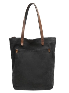 Large vintage washed canvas tote bag in black with brown leather handles and metal rivets