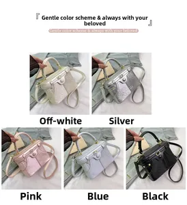 Collage of multi-color retro mini denim box bags with metallic finish and gold hardware
