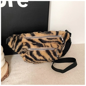 Detail of tiger print teddy fleece fanny pack showing dual silver metal zippers and texture