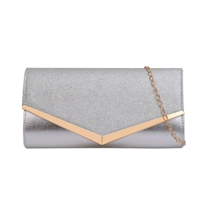 Silver glitter envelope clutch bag with gold V-metal trim and chain shoulder strap