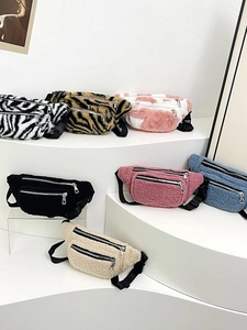 Women Teddy Velvet Plush Waist Bag Large Capacity Korean Style Zebra Leopard Cow Print Casual Dual Zipper Chest Bag